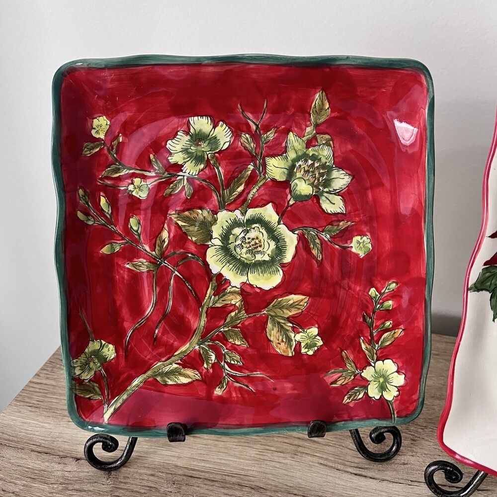Red Poinsettia Floral Platters/Trays/Plates 8.75" Square Christmas & Stands - Picture 3 of 5